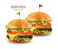 Hamburgers Vector realistic. Cheese and tomatoes. 3d Detailed illustrations