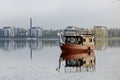 Hameenlinna, Finland 10/02/2018 A boat with steely dragon heady Royalty Free Stock Photo