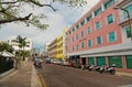 Hamilton, Bermuda - March, 20, 2016: street road. City street road. Cars and scooters parked along side of street road