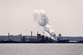 Steam plume released at steel factory near water in Hamilton, Ontario, Canada