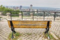 Hamilton, Canada skyline with park bench in foreground