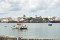 Hamilton, Bermuda - July 10, 2014: Hamilton Cargo Docks with stacked containers waterside.