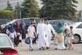 Some Islamic families are leaving a mosque after worshiping and prayers on day of Eid celebrations.