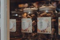 Hamiltons fudge in jars in a window of a shop in Broadway, Cotswolds, UK