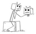 Robot or Hamlet Holding Robot Head or Skull and Thinking , Vector Cartoon Stick Figure Illustration Royalty Free Stock Photo