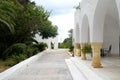 HAMMAMET, TUNISIA-MAY 03, 2019: Georges Sebastian residential building with white walls and columns