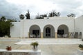 HAMMAMET, TUNISIA-MAY 03, 2019: Georges Sebastian residential building with white walls and columns