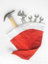 Hammer, adjustable wrench, wrenches in Santa Hat. Handy tools in Christmas festival background concept