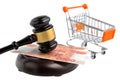 Hammer of auctioneer with pushcart and money isolated Royalty Free Stock Photo