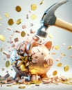 Hammer Breaking Piggy Bank Saving Money Banking Global Currency Gold Coins Debt Bubble AI Generated Royalty Free Stock Photo