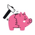 Hammer Breaking Pink Money Box or Piggy Bank as Container for Coin Storage Vector Illustration