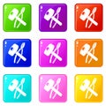 Hammer clamping mites icons set 9 color collection