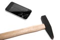 Hammer destroy the smart phone. white background Royalty Free Stock Photo