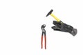 Hammer, gloves, parrot beak plier.