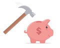 Hammer going to break the piggy bank. Money saving, economy, investment, banking or business services concept. Profit, income,