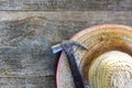 Old hammer and hat on old wood background Royalty Free Stock Photo