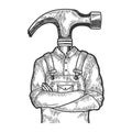 Hammer head worker sketch engraving vector