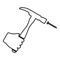 Hammer hits nail in hand claw holding Fixing and repairing working tools contour outline icon black color vector illustration