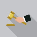 Hammer judge hand icon, flat style