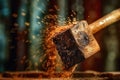 hammer in motion, blurred, as it hits a nail in wood