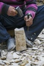 With hammer and Murch, stone-breaking workers ` hands in Turkey Royalty Free Stock Photo