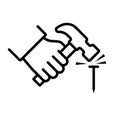 Hammer a nail black line icon. Holding in hand hammer. Royalty Free Stock Photo