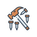 Color illustration icon for Hammer and nail, hardware and tool