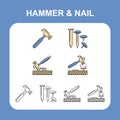 Hammer and Nail Icon Set with linear design