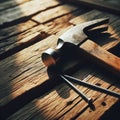 Hammer and nail lay on wooden plank awaiting use Royalty Free Stock Photo