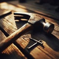 Hammer and nail lay on wooden plank awaiting use Royalty Free Stock Photo
