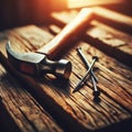 Hammer and nail lay on wooden plank awaiting use Royalty Free Stock Photo