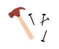 Hammer and nails, carpenters tools for wood work, repair, carpentry. Instruments, manual equipment for building. Flat