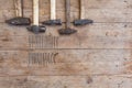 Hammer and nails on wooden table for construction, diy, tools and home improvement Royalty Free Stock Photo