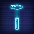 Hammer neon construction repair tool icon, concept sledgehammer work toolkit renovation house line flat vector illustration, Royalty Free Stock Photo
