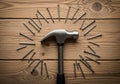 A hammer is positioned centrally on a wooden surface, surrounded by an array of nails forming a Royalty Free Stock Photo