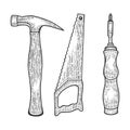 Hammer saw and screwdriver tools sketch vector Royalty Free Stock Photo