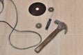 Hammer, driver and a blade for circular saw close-up Royalty Free Stock Photo