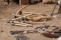Hammer, sickle, hoe and other tools for field work in a market in Sudan Royalty Free Stock Photo