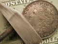 US Coin, banknote and hammer as finance symbols