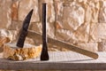 Hammer tools of stonecutter masonry work Royalty Free Stock Photo