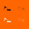 Hammer and wood carpentry black and white set icon .