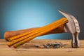 Hammer and wood mounting tools Royalty Free Stock Photo