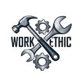 Hammer wrench and gears with work ethic text tools Royalty Free Stock Photo