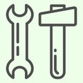 Hammer and wrench line icon. Two building tools spanner and knocker outline style pictogram on white background. House