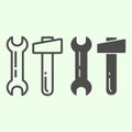 Hammer and wrench line and solid icon. Two building tools spanner and knocker outline style pictogram on white Royalty Free Stock Photo