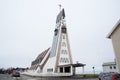 Hammerfest, Norway - January 21, 2010: church building on grey sky. Modern architecture and design. Religion and Royalty Free Stock Photo