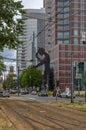 The Hammering Man, sculpture in front of the Messeturm in Frankfurt, Hesse, Germany Royalty Free Stock Photo