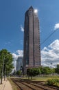 Hammering Man sculpture in front of the Messeturm skyscraper, Frankfurt, Germany