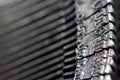 Hammers with letters, numbers and punctuation. Internal structure of the old Soviet typewriter close-up
