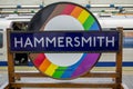 HAMMERSMITH, LONDON, ENGLAND- 10 April 2021: Pride roundel at Hammersmith Underground Station